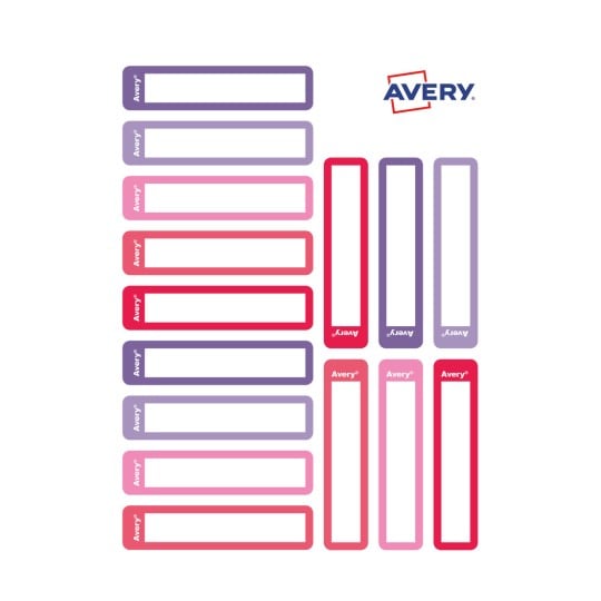 Eine Auswahl an Etiketten der Marke Avery in verschiedenen Farben, darunter Lila, Rosa und Rot, mit leeren Flächen zur individuellen Gestaltung.