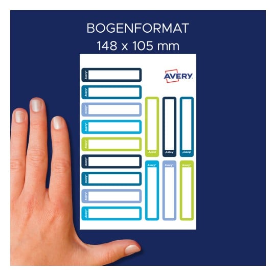 Größenvergleich mit Hand, Artikel: RESMI30G, ein Bogen Etiketten zur Kennzeichnung von Stiften, Format: 10 x 50 mm, Farbe:
