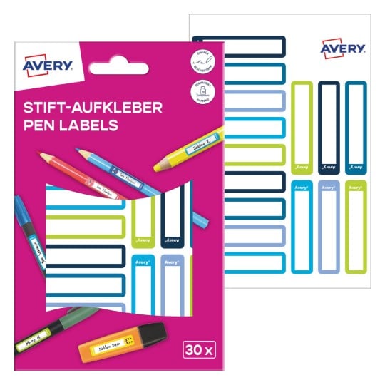 Packungsabbildung mit Etikettenbogen: Avery Etiketten zur Kennzeichnung von Stiften, Artikel: RESMI30G, Format: 10 x 50 mm, Inhalt: 30 Etiketten / 2 Bögen, 15 Etiketten/Bogen