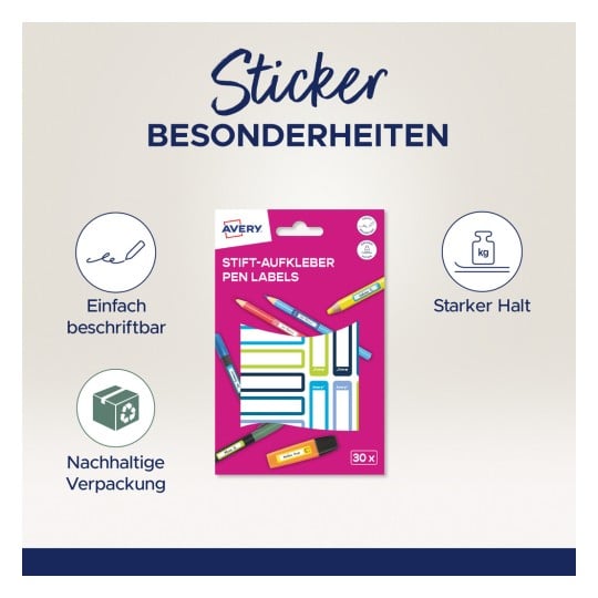 Das Bild zeigt eine Packung Avery-Stiftetiketten und hebt deren Eigenschaften hervor, wie z. B. einfach zu beschriften, starker Halt und umweltfreundliche Verpackung.