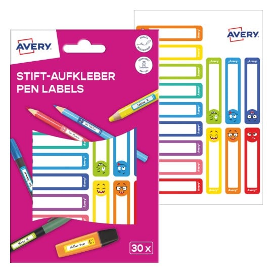 Packungsabbildung mit Etikettenbogen: Avery Etiketten zur Kennzeichnung von Stiften, Artikel:  RESMI30S, Format: 10 x 50 mm, Inhalt: 30 Etiketten / 2 Bögen, 15 Etiketten/Bogen