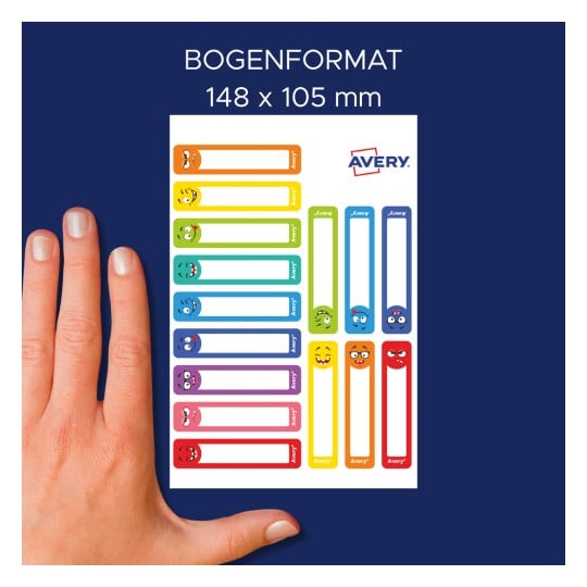 Größenvergleich mit Hand, Artikel: RESMI30S, ein Bogen Etiketten zur Kennzeichnung von Stiften, Format: 10 x 50 mm, Farbe: