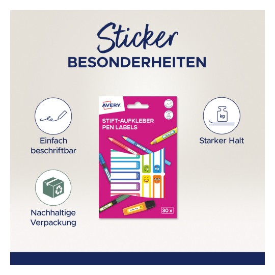 Das Bild zeigt ein Paket Avery Stiftetiketten mit hervorgehobenen Merkmalen. Es wird angegeben, dass die Etiketten leicht beschreibbar sind, eine starke Haftung haben und in nachhaltiger Verpackung kommen. Neben den Etiketten sind bunte Stifte abgebildet.