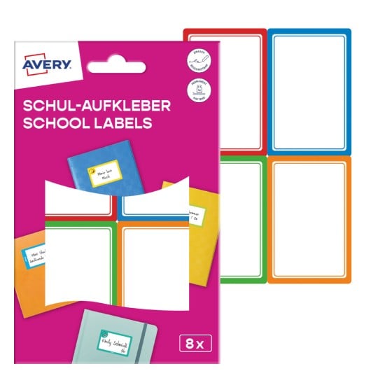 Dieses Bild zeigt eine Packung mit Avery-Schulettiketten, die farbenfrohe Etikettendesigns zur Organisation oder zum Beschriften von Gegenständen anzeigen, mit mehreren leeren Feldern zur individuellen Anpassung.
