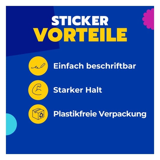 Das Bild zeigt ein Packung mit Schul-Etiketten von Avery, die Eigenschaften wie leicht beschreibbar, nachhaltige Verpackung und starke Haftung, mit einem ansprechenden Design, hervorheben.