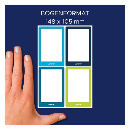 Größenvergleich mit Hand, Artikel: SCHOOL8G, ein Bogen Buch-Etiketten, Format: 48 x 70 mm, Farbe: