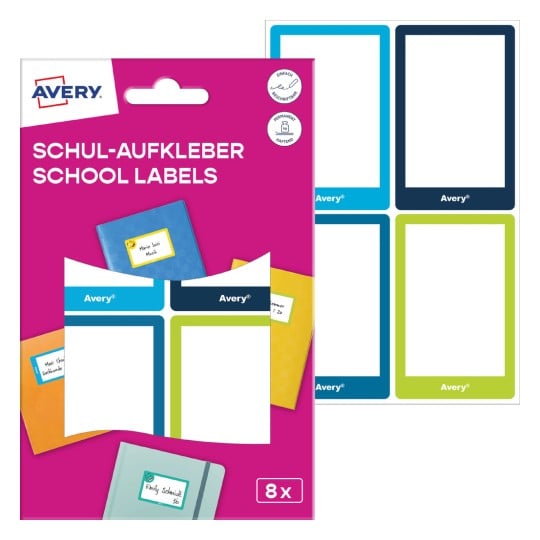 Packungsabbildung mit Etikettenbogen: Avery Buch-Etiketten, Artikel:  SCHOOL8G, Format: 48 x 70 mm, Inhalt: 8 Etiketten / 2 Bögen, 4 Etiketten/Bogen