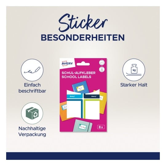 Das Bild zeigt eine Packung mit Schuletiketten von Avery. Es hebt 8 Etiketten hervor, deren Merkmale leicht beschreibbar, starker Halt und nachhaltige Verpackung umfassen.