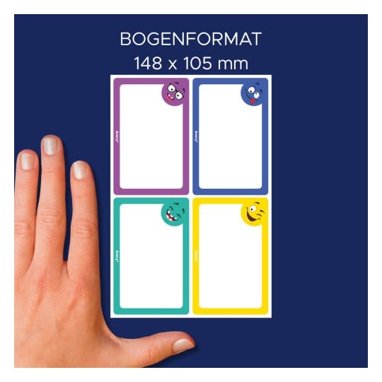 Größenvergleich mit Hand, Artikel: SCHOOL8S, ein Bogen Buch-Etiketten, Format: 48 x 70 mm, Farbe: