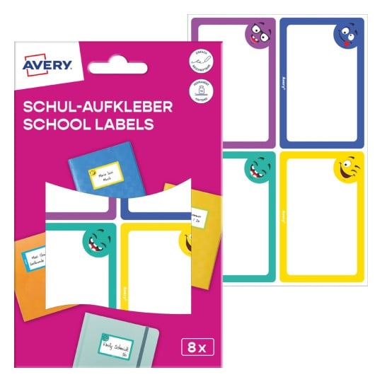 Packungsabbildung mit Etikettenbogen: Avery Buch-Etiketten, Artikel: SCHOOL8S, Format: 48 x 70 mm, Inhalt: 8 Etiketten / 2 Bögen, 4 Etiketten/Bogen