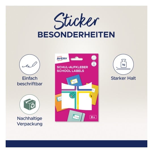 Das Bild zeigt ein Set von Schulaufklebern von Avery und hebt ihre Klebrigkeit und Recyclingfähigkeit hervor, zusammen mit Merkmalen wie einfacher Beschriftung und starkem Halt.