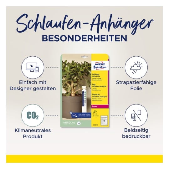 Das Bild zeigt ein Verpackungsdesign für Avery Zweckform Etiketten. Es hebt verschiedene Merkmale hervor, wie einfaches Design, strapazierfähiges Folienmaterial, den klimaneutralen Produktstatus und den beidseitigen Druck.