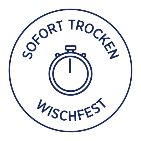 Das Bild zeigt ein kreisförmiges Logo mit dem Text 'SOFORT TROCKEN WISCHFEST' und einem Stoppuhr-Symbol in der Mitte, was auf schnell trocknende oder abwischbare Produkte hindeutet.
