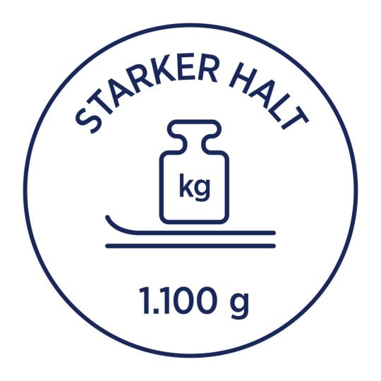 Das Bild zeigt ein kreisförmiges Design mit dem Text 'STARKER HALT' und einer Abbildung eines Gewichts mit der Aufschrift 'kg', sowie der Zahl '1.100 g' am unteren Rand.