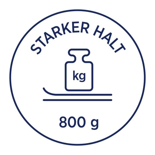 Das Bild zeigt ein Etikett oder ein Symbol mit dem Text 'STARKER HALT' oben, das ein Gewichtssymbol (eine skalierte Flasche) mit der Aufschrift 'kg' darstellt. Darunter steht das Gewicht '800 g'.