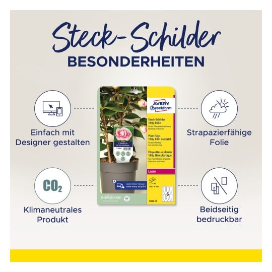 Das Bild zeigt eine Produktverpackung für Pflanzenetiketten von Avery Zweckform und hebt Merkmale wie anpassbares Design, langlebiges Filmmaterial und CO2-Neutralität hervor. Das Produkt ist für den Laserdruck geeignet und beidseitig bedruckbar.
