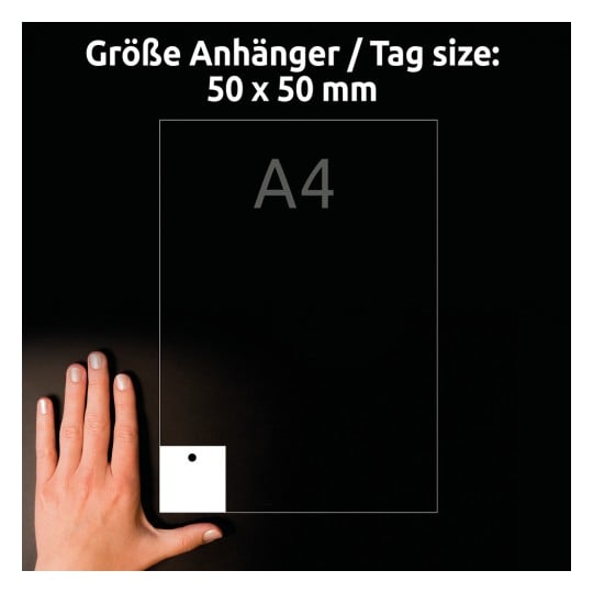 Größenvergleich mit Hand, Artikel: T1002-10, ein Bogen Anhänger, Format: 50 x 50 mm, Farbe: Weiß