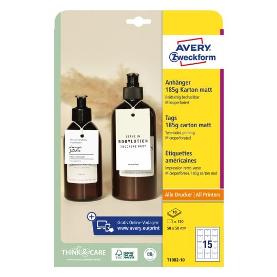 Packungsabbildung: Avery Zweckform , Artikel:  T1002-10, Format: 50 x 50 mm, Druckereignung: Inkjet,Laser s/w,Farblaser, Inhalt: 150 Anhänger / 10 Bögen, 15 Anhänger/Bogen