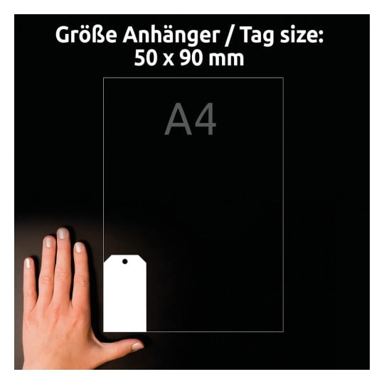 Größenvergleich mit Hand, Artikel: T2002-10, ein Bogen Anhänger, Format: 90 x 50 mm, Farbe: Ultraweiß