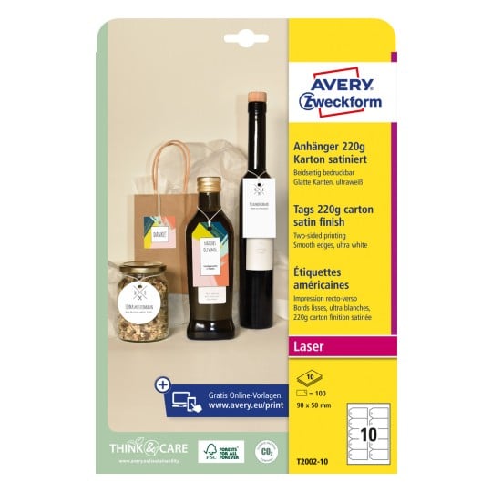 Packungsabbildung: Avery Zweckform , Artikel:  T2002-10, Format: 90 x 50 mm, Druckereignung: Laser s/w,Farblaser, Inhalt: 100 Anhänger / 10 Bögen, 10 Anhänger/Bogen