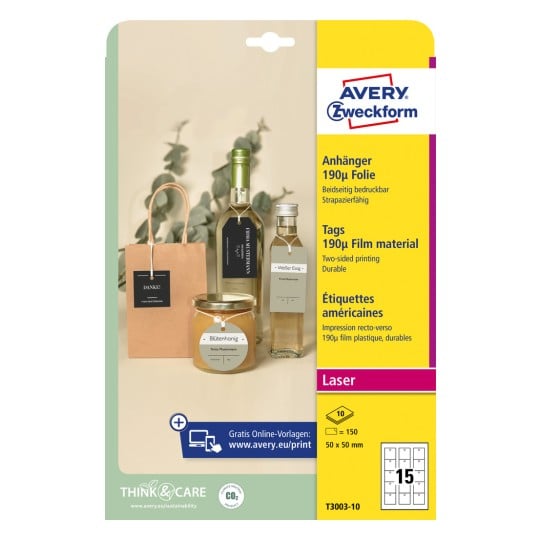 Packungsabbildung: Avery Zweckform , Artikel:  T3003-10, Format: 50 x 50 mm, Druckereignung: Laser s/w,Farblaser, Inhalt: 150 Anhänger / 10 Bögen, 15 Anhänger/Bogen