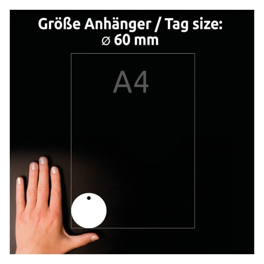 Größenvergleich mit Hand, Artikel: T3004-10, ein Bogen Anhänger, Format: ⌀ 60 mm, Farbe: Weiß