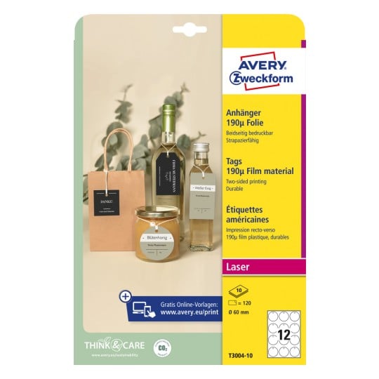 Packungsabbildung: Avery Zweckform , Artikel:  T3004-10, Format: ⌀ 60 mm, Druckereignung: Laser s/w,Farblaser, Inhalt: 120 Anhänger / 10 Bögen, 12 Anhänger/Bogen
