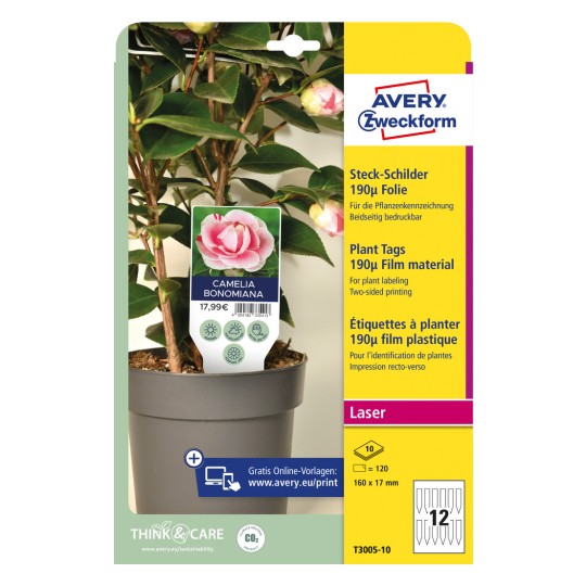 Packungsabbildung: Avery Zweckform , Artikel:  T3005-10, Format: 100 x 20 mm, Druckereignung: Laser s/w,Farblaser, Inhalt: 120 Stück / 10 Bögen, 12 Stück/Bogen