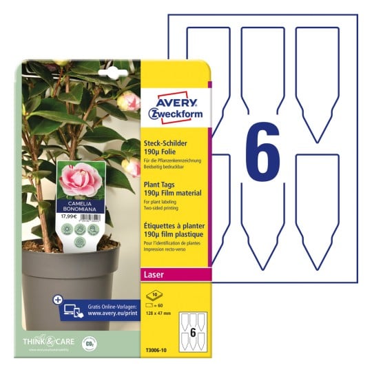Packungsabbildung mit Etikettenbogen: Avery Zweckform Steck-Schilder, Artikel: T3006-10, Format: 128 x 47 mm, Druckereignung: Laser s/w,Farblaser, Inhalt: 60 Stück / 10 Bögen, 6 Stück/Bogen