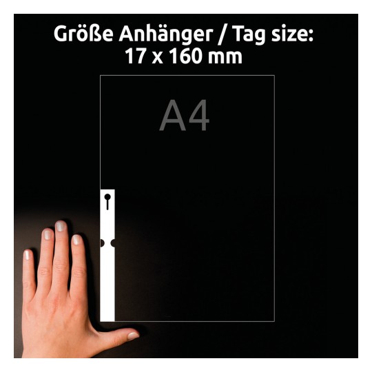 Größenvergleich mit Hand, Artikel: T3007-10, ein Bogen Schlaufen-Anhänger, Format: 160 x 17 mm, Farbe: Weiß