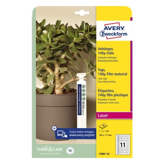 Packungsabbildung: Avery Zweckform , Artikel:  T3007-10, Format: 160 x 17 mm, Druckereignung: Laser s/w,Farblaser, Inhalt: 110 Anhänger / 10 Bögen, 11 Anhänger/Bogen
