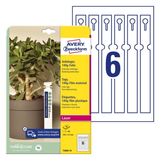 Packungsabbildung mit Etikettenbogen: Avery Zweckform Schlaufen-Anhänger, Artikel: T3008-10, Format: 250 x 25 mm, Druckereignung: Laser s/w,Farblaser, Inhalt: 60 Anhänger / 10 Bögen, 6 Anhänger/Bogen
