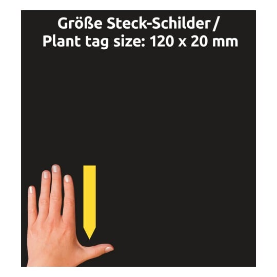 Größenvergleich mit Hand, Artikel: T9003, ein Bogen Steck-Schilder, Format: 120 x 20 mm, Farbe: Gelb