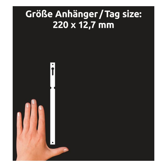 Größenvergleich mit Hand, Artikel: T9102, ein Bogen Schlaufen-Anhänger, Format: 220 x 12,7 mm, Farbe: Weiß