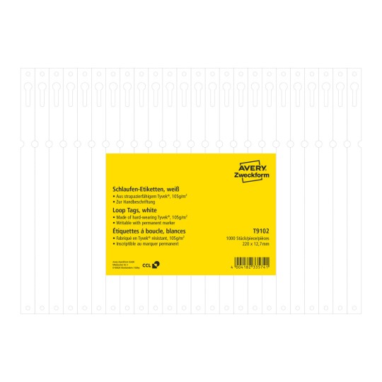 Produktabbildung: Avery Zweckform, Artikel: T9102, Schlaufen-Anhänger, 220 x 12,7 mm, 1.000 Anhänger