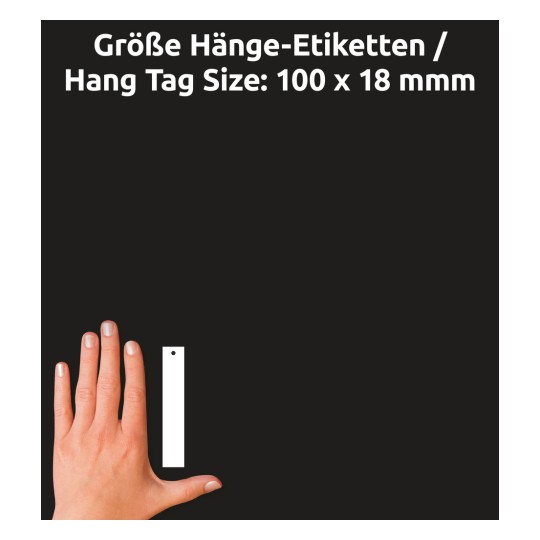 Größenvergleich mit Hand, Artikel: T9201, ein Bogen Hänge-Etiketten mit Draht, Format: 100 x 18 mm, Farbe: Weiß