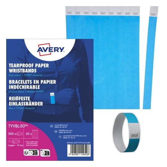 Das Bild zeigt ein Paket blauer, reißfester Papierarmbänder aus TYVEK-Material, mit einem Modell, das eines trägt. Es enthält Produktdetails und Verpackungsdesign.