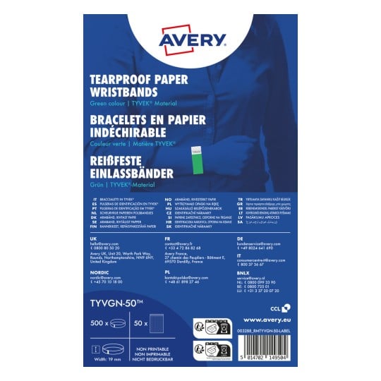 Produktabbildung: Avery Zweckform, Artikel: TYVGN-50, Einlassbänder, 19 x 256 mm, Kleinpackung, 500 Armbänder / 50 Bögen