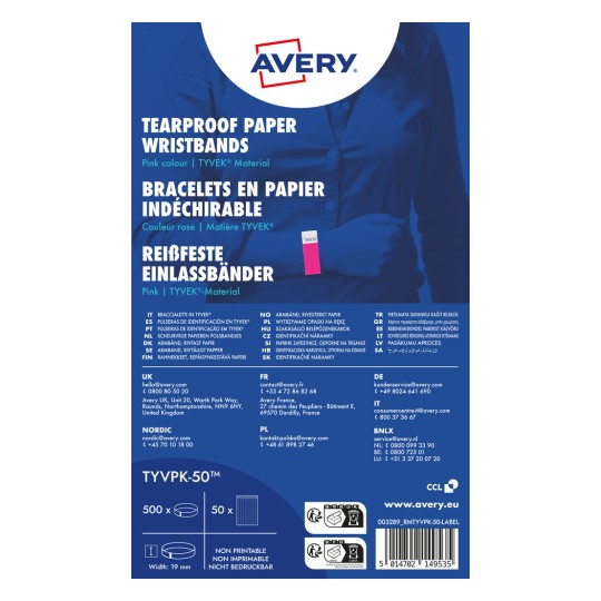 Produktabbildung: Avery Zweckform, Artikel: TYVPK-50, Einlassbänder, 19 x 256 mm, Kleinpackung, 500 Armbänder / 50 Bögen