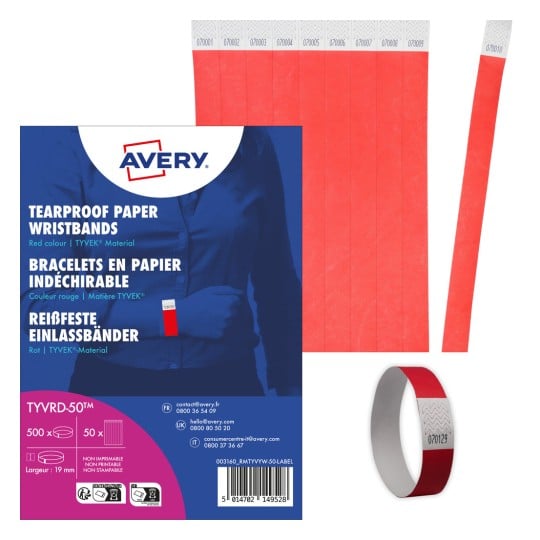 Das Bild zeigt reißfeste Papierarmbänder in roter Farbe und präsentiert ein Paket mit Armbändern sowie Verpackungsdetails und eine visuelle Darstellung der Armbänder.