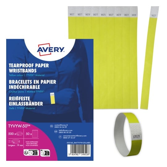Das Bild zeigt ein Paket reißfester Papierarmbänder in gelber Farbe, hergestellt aus TYVEK-Material, mit verschiedenen Seriennummern. Ein Armband zur Demonstration ist enthalten.