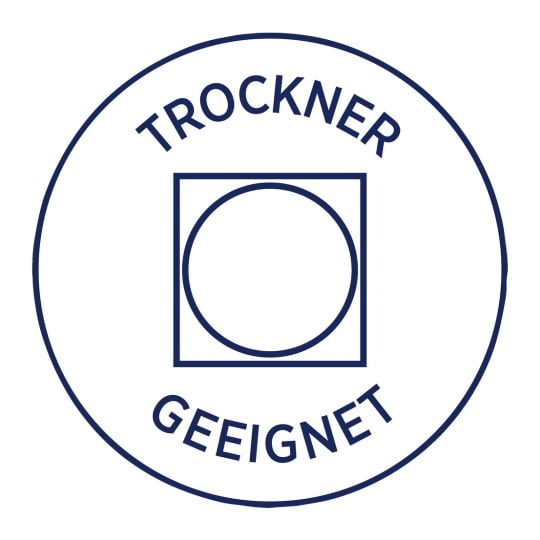 Das Bild zeigt ein rundes Logo mit dem Wort "TROCKNER" oben, "GEEIGNET" unten und einem zentralen Quadrat, das einen Kreis enthält, was auf die Eignung für die Verwendung im Trockner hinweist.