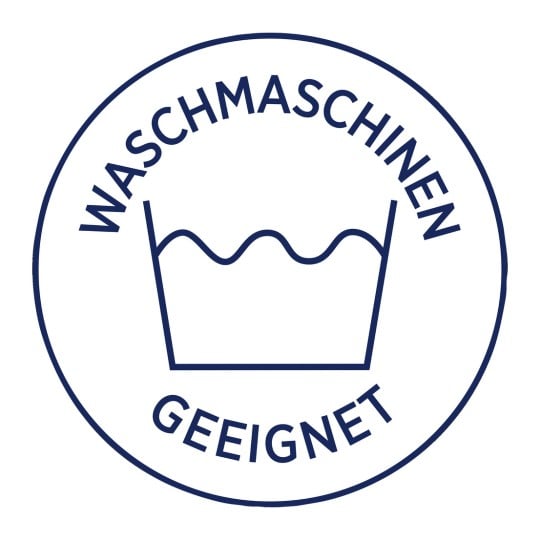 Das Bild zeigt ein Symbol einer Waschmaschine mit den Worten 'Waschmaschinen geeignet', was 'suitable for washing machines' bedeutet.