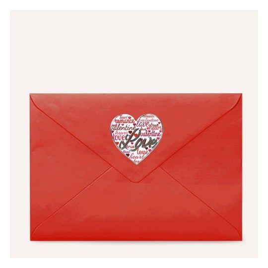 Das Bild zeigt einen roten Umschlag mit einem herzförmigen Siegel, das verschiedene Wörter enthält, die mit Liebe zu tun haben, wie zum Beispiel 'Romantik', 'Valentinstag' und 'wahre Liebe'.
