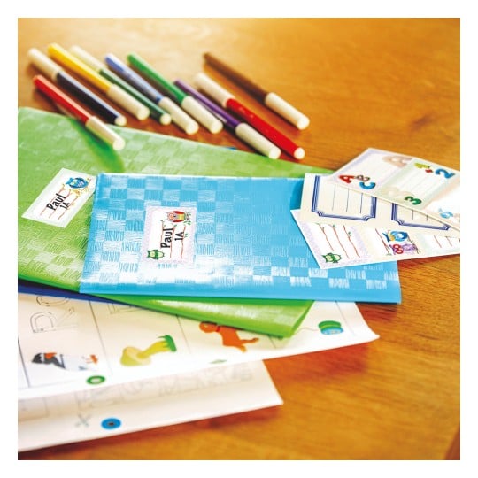 Das Bild zeigt bunte Notizbücher und Marker sowie Bildungskarten. Das Arrangement umfasst grüne und blaue Notizbücher und verschiedene bunte Stifte auf einer Holzoberfläche.