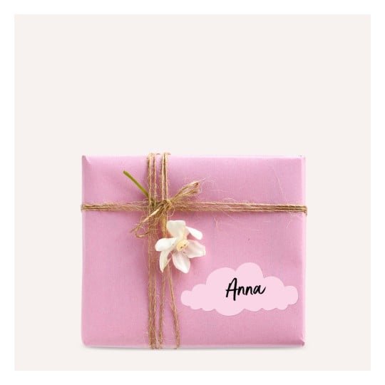 Eine wunderschön verpackte rosa Geschenkbox, verziert mit Schnur und einer kleinen Blume. Sie hat ein Etikett mit dem Namen 'Anna' darauf.