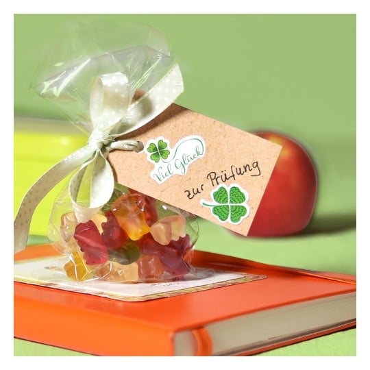 Das Bild zeigt eine kleine Geschenktüte, gefüllt mit bunten Gummibärchen, gebunden mit einem Band und einem Anhänger mit der Aufschrift 'Viel Glück zur Prüfung'. Sie liegt auf einem orangefarbenen Buch, mit einem Apfel im Hintergrund vor einem grünen Hintergrund.