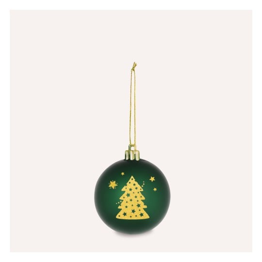 Das Bild zeigt eine grüne Weihnachtskugel mit einem Design aus einem Baum und Sternen in goldfarbenem Glitzer. Sie hat eine goldene Aufhängeschnur.