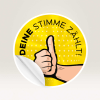 Runder Wahl-Aufkleber mit der Aufschrift "Deine Stimme zählt" in gelber Farbe.