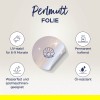 Auf dem Bild sind die USPs des Materials "Perlmutt-Folie" abgebildet. In der Mitte ist das Material, außen herum die 4 USPs: UV-stabil für 6-9 Monate, Wasserfest und spülmaschinengeeignet, Permanent haftend und Ölresistent. 